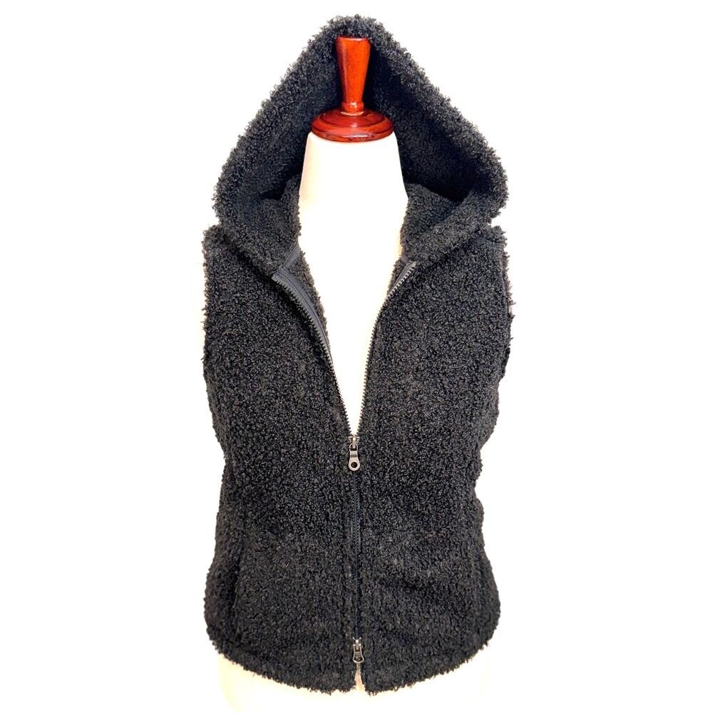 J. Jill sherpa fleece hooded vest black pockets sleeveless soft fuzzy Sz S